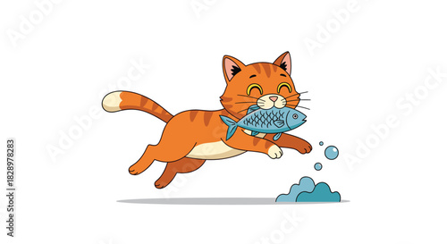 Happy orange tabby cat joyfully running with a freshly caught fish in its mouth, splashing through water with bubbles for an adorable scene.