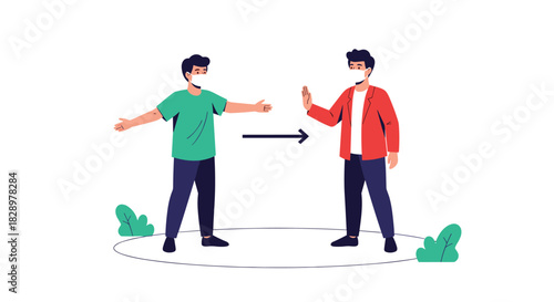 Illustration depicting two masked figures maintaining social distance, an arrow indicating direction and a dotted circle outlining proximity.