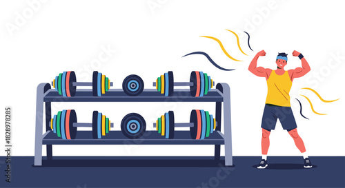 A muscular man flexes his biceps next to a rack of colorful dumbbells in a gym.