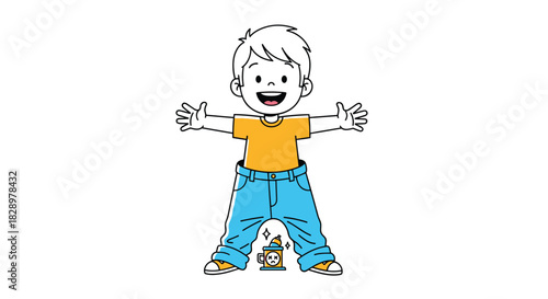 A cartoon illustration of a happy boy with his arms outstretched, wearing blue jeans, and a small, unhappy coffee mug at his feet.