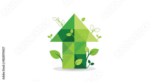 Vector illustration of a green upward arrow with leaves symbolizing sustainable growth and eco-friendly progress