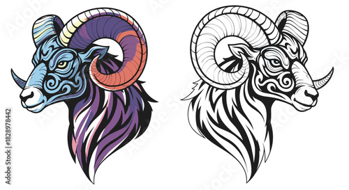 Stylized ram head illustration with intricate tribal patterns and vibrant colors, presented alongside a black and white outline version.