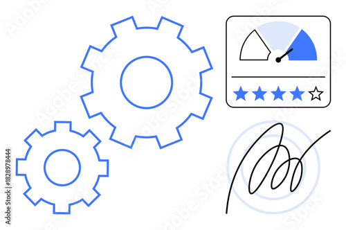 Performance optimization. Gears productivity rating meter reflects evaluation and progress. Signature highlights authentication. For business, engineering, quality control, productivity, and ratings