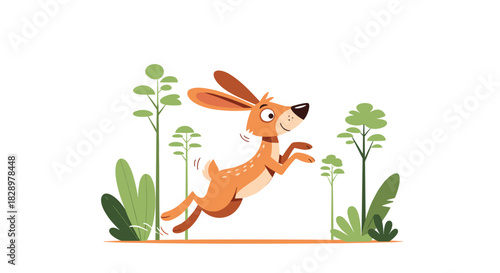 A happy, spotted cartoon hare jumps with enthusiasm amidst simple green trees and bushes, depicting a playful outdoor scene.