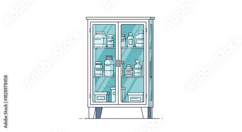 Medicine cabinet with transparent glass door filled with medical bottles and supplies for treatment in hospital or healthcare facility.