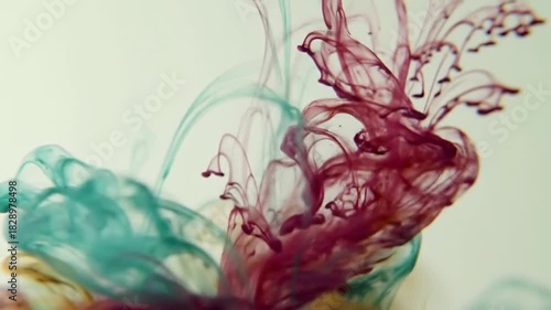 Macro shot of colorful ink swirling in water, creating abstract, fluid forms against white