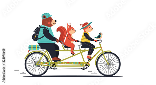 A cheerful trio of anthropomorphic animals—a bear, a squirrel, and a fox with a bird—enjoy a ride on a tandem bicycle.