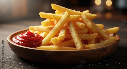 Golden french fries served with ketchup on a wooden plate, closeup shot