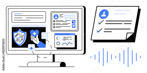 Computer screen displaying medical metrics, user data, healthcare icons, document with checklist, and soundwave. Ideal for telehealth, digital health, medical records, analysis patient care