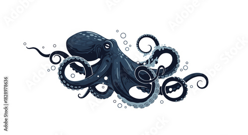 Dynamic pixel art illustration of a dark blue octopus with intricate details and swirling tentacles, surrounded by small bubbles on white.