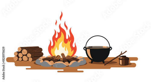 A vibrant campfire scene with stacked logs, a blazing fire pit encircled by stones, and a cooking pot, evoking warmth and outdoor cooking.