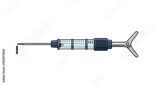 Hypodermic syringe with injection of liquid, isolated on white background; medical syringe with a drop of vaccine or blood.