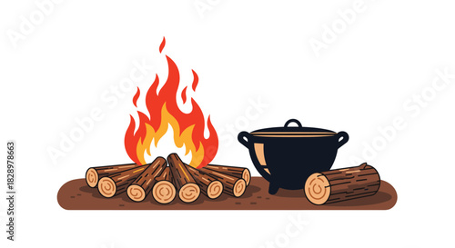 A cartoon illustration features a campfire with bright flames and a black cauldron sitting beside it, all resting on a brown ground surface.