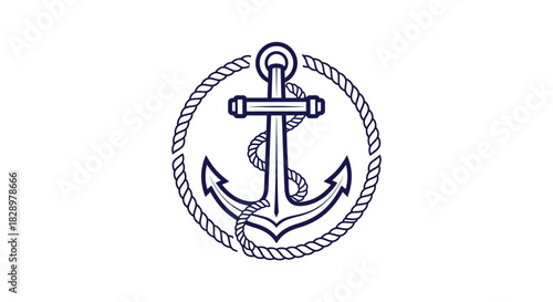 Anchor with Rope Circle Outline Nautical Marine Symbol.
