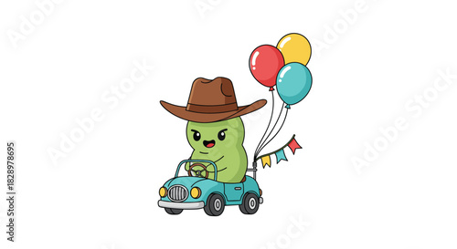 A cute green cartoon character wearing a cowboy hat happily drives a toy car adorned with colorful balloons and a festive banner.