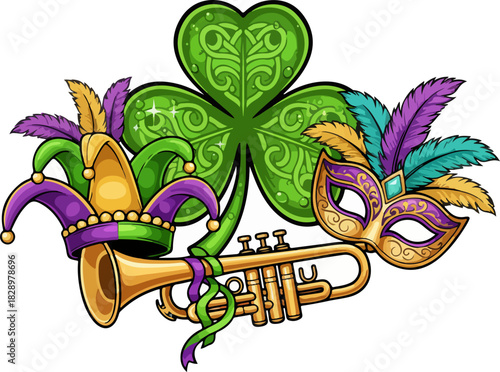 Shamrock Flower with Mardi Gras Hat, Mask, and Trumpet – High-Detail Vector Art