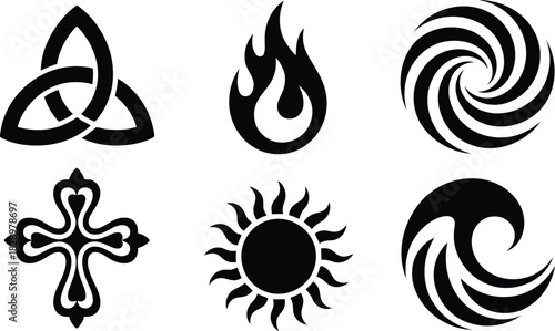 Six iconic black symbols on a white background, displaying a Celtic knot and elemental forms