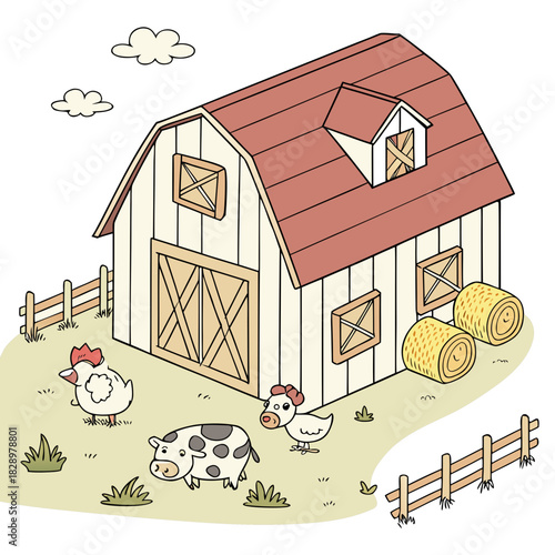 Farm Barn and Animals on White Background vector illustration