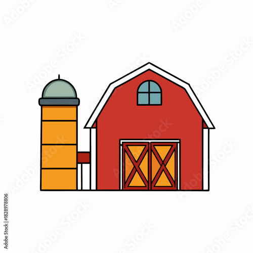 Classic Barn Structure with Silo Isolated vector illustration