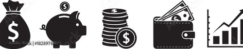 Black and white financial icons symbolizing money savings and investment growth