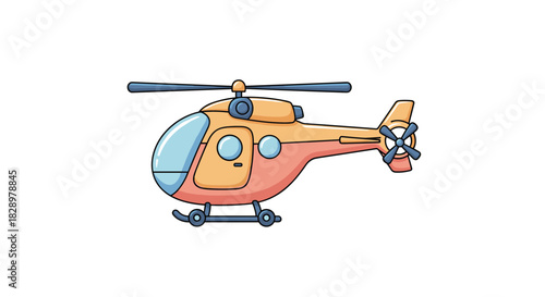 A colorful cartoon helicopter illustration features a light-orange body, blue-tinted windscreen, and landing skids in a simple, cheerful style.