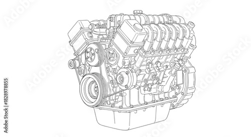 Detailed line drawing of a V-type internal combustion engine, showcasing its intricate mechanical components and accessory belt drive system.