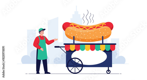 A cheerful hot dog vendor in a green apron stands beside his street food cart featuring a large, steaming hot dog in the city.