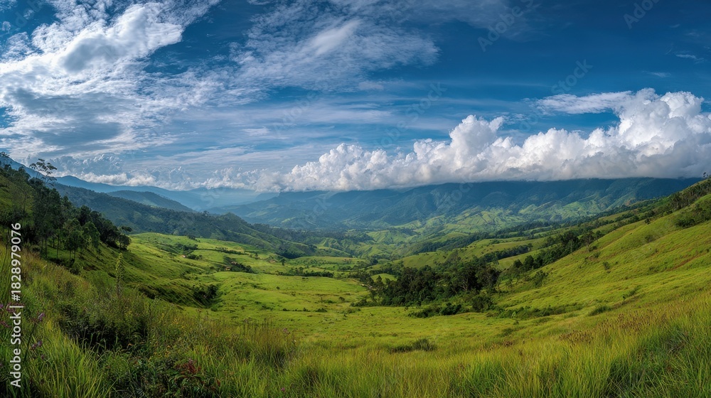 Fototapeta premium A breathtaking view of a vast green valley embraces rolling hills and mountains under a bright sky.