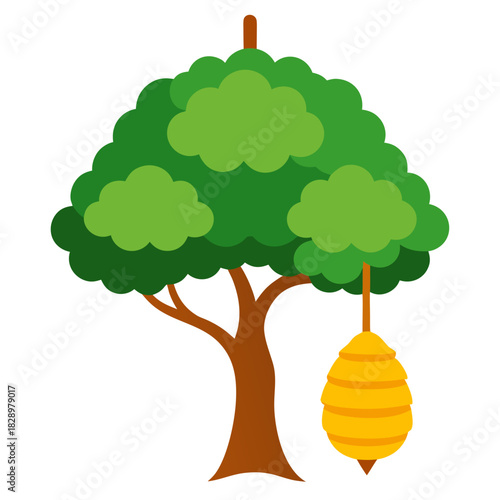Tree Branch with Hanging Beehive Isolated vector illustration