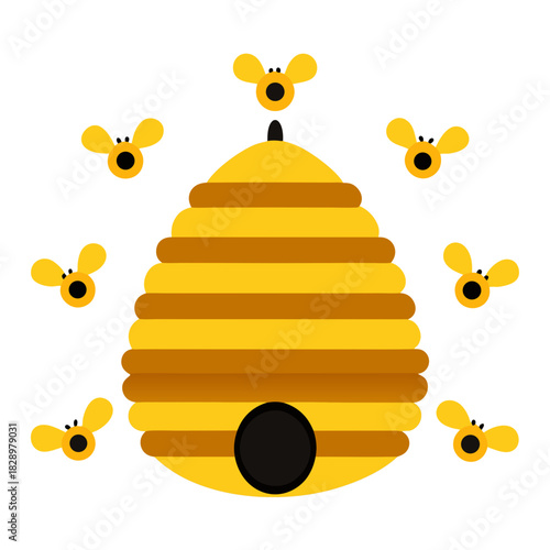Beehive with Swarm of Bees on White vector illustration