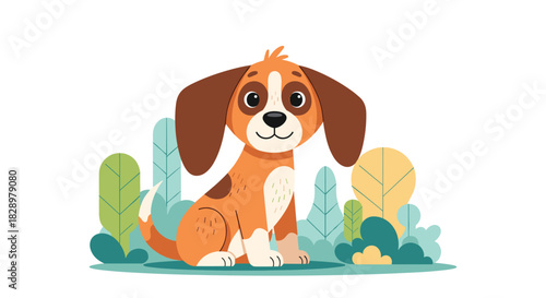 A cute, happy cartoon puppy with long brown ears sits confidently amidst stylized green and yellow plants, depicted in a charming vector illustration.