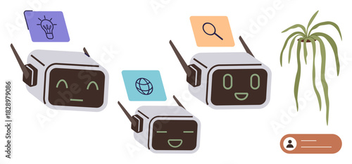 Cute robots expressing emotions with idea, web, and search icons, complemented by a green plant and user profile. Ideal for AI, technology, innovation, education, science creativity user