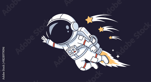 An astronaut floating in space with stars trailing behind, a cartoon-style illustration against a dark blue background with pixelated details on the astronaut and stars.