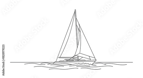 A minimalist black and white line drawing of a sailboat sailing on the ocean with subtle wave details.