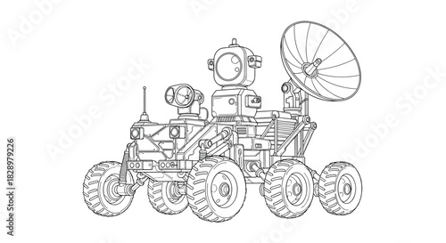 Detailed line drawing of a lunar rover with six wheels, satellite dish, antenna, and various sensors sitting on a white background.