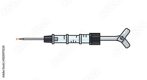 A syringe with a small orange drop at the needle's tip, ready for medical use or a scientific experiment, viewed from the side.