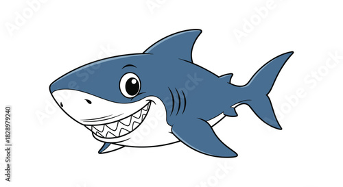 A cheerful and friendly cartoon blue shark with a big smile and happy eye, swimming against a clean white background.