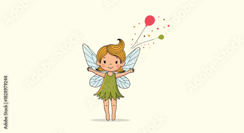 Cute cartoon fairy with blonde hair and a green dress, smiling happily with light blue wings, surrounded by colorful balloons and sparkles.