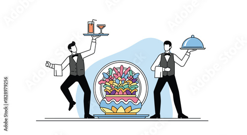 Elegantly dressed waiters holding trays of drinks and food, set against a soft blue background, providing a touch of sophistication.