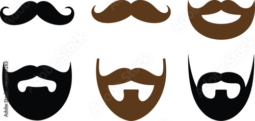 Six varying mustache and beard shapes presented in black and brown hues on a clear white surface