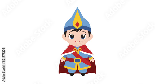 Cartoon illustration of a boy dressed in a blue prince costume with a red cape and tall hat, against a plain white background.