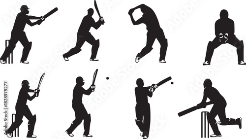 Cricket silhouettes depicting different batting and fielding stances in the game