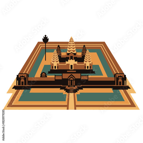 Angkor Wat Temple Complex in Cambodia Flat Design Illustration.