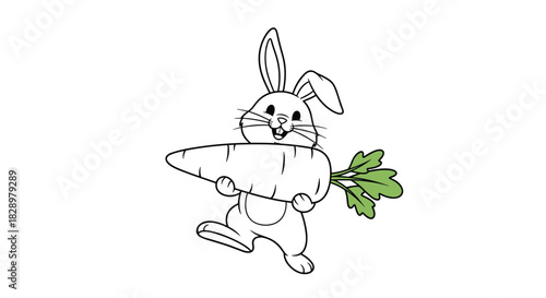 A cartoon rabbit happily holding a giant carrot, a symbol of spring and abundance, rendered with simple lines and bright colors.