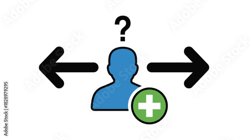 A blue person figure stands between two arrows facing a decision with a plus symbol
