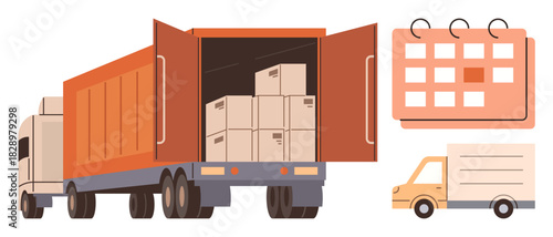 Cargo truck with open container loaded with boxes, small delivery truck, and planning calendar. Ideal for logistics, transportation, supply chain, scheduling, freight management, delivery services