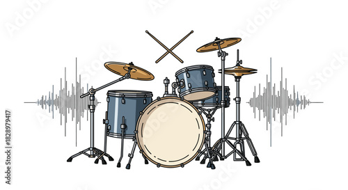 A dynamic illustration of a drum kit with sound waves symbolizing music production.