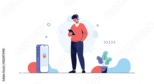 A young man in headphones uses a tablet for work or entertainment, with a large mobile device showing data analytics and a potted plant nearby.