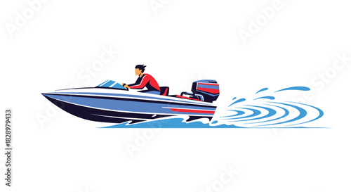 Man driving a fast blue and white speed boat leaving a wake of water behind him.