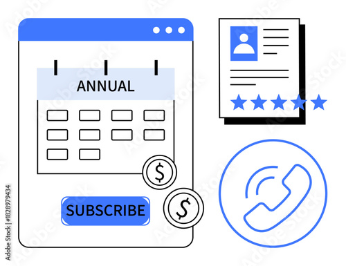Annual subscription interface with calendar, payment icons, user profile with star ratings, and phone support symbol. Ideal for subscription services, customer experience, loyalty programs, billing
